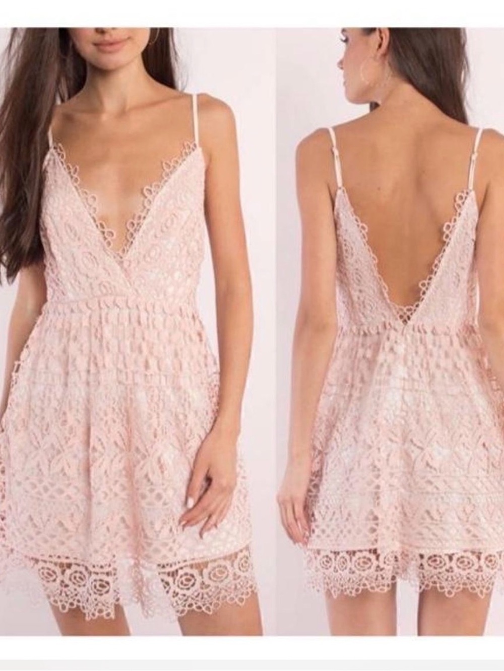 Tobi Blush Pink Lace V‑Neck Spaghetti Strap Mini Dress